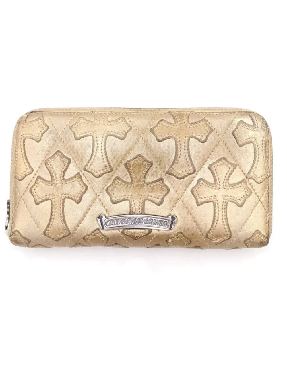 Chrome Hearts Rec Zip Quilted Wallet Cemetery Cross Leather Gold